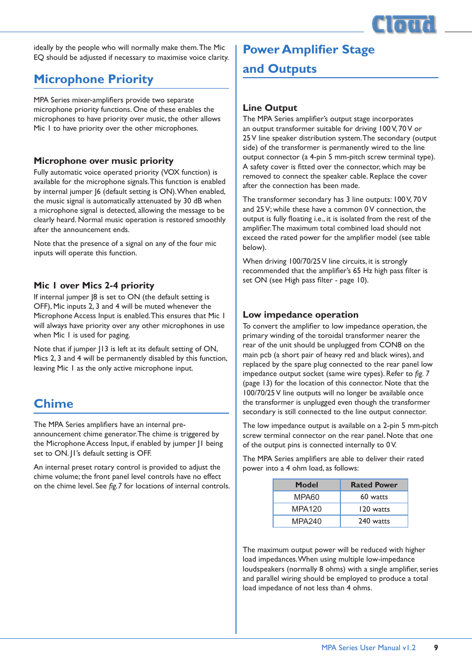 Microphone priority, Chime, Power amplifier stage and outputs | Line output low impedance operation | Cloud Electronics MPA60 User Manual | Page 9 / 16