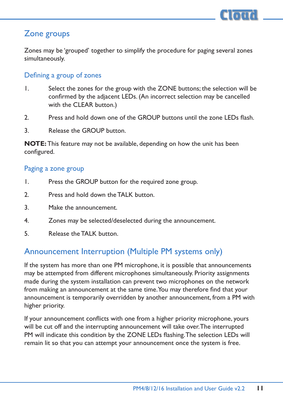 Zone groups, Defining a group of zones, Paging a zone group | Cloud Electronics PM12 User Manual | Page 11 / 36