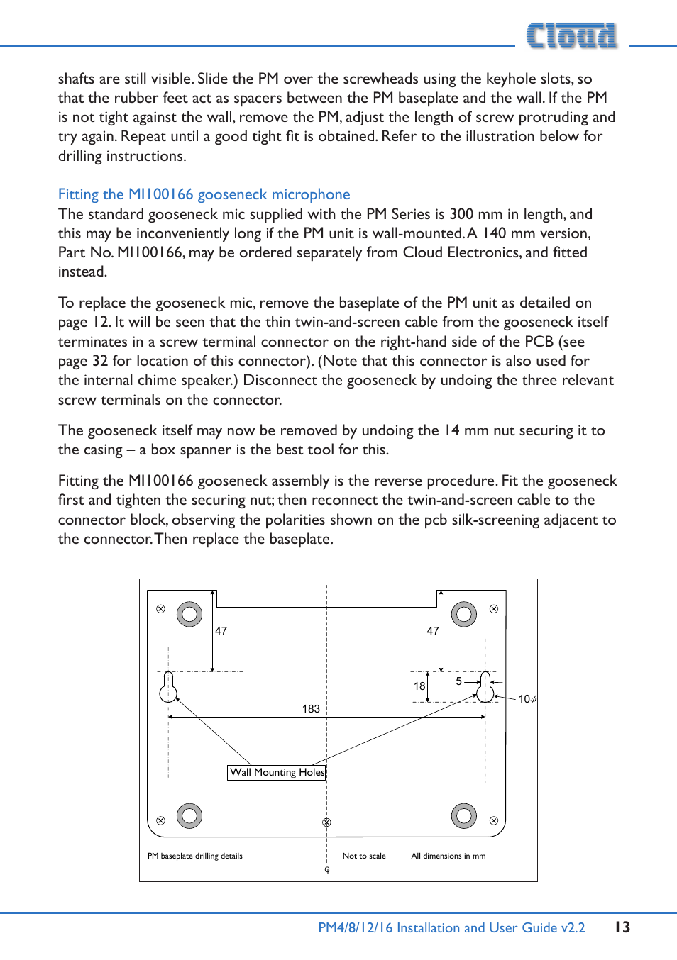 Fitting the mi100166 gooseneck microphone | Cloud Electronics PM12 User Manual | Page 13 / 36