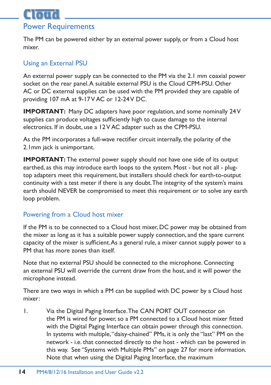 Power requirements, Using an external psu, Powering from a cloud host mixer | Cloud Electronics PM12 User Manual | Page 14 / 36
