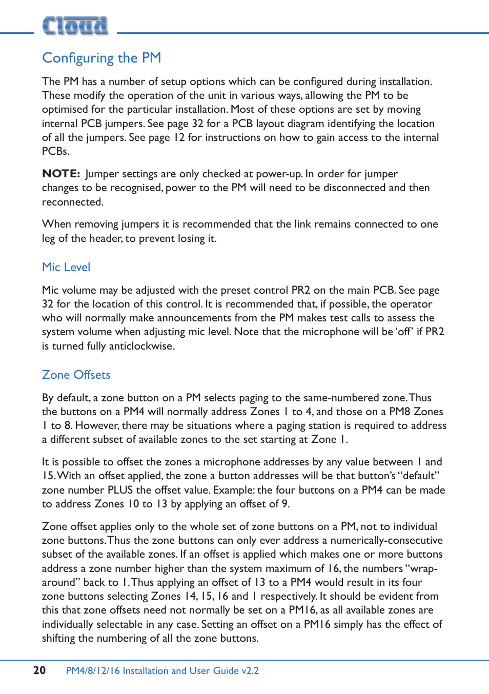 Configuring the pm, Mic level zone offsets | Cloud Electronics PM12 User Manual | Page 20 / 36