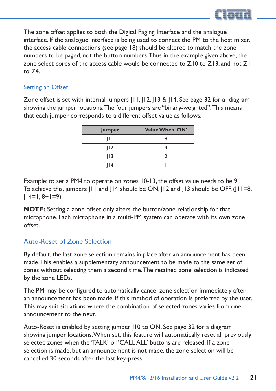 Setting an offset, Auto-reset of zone selection | Cloud Electronics PM12 User Manual | Page 21 / 36