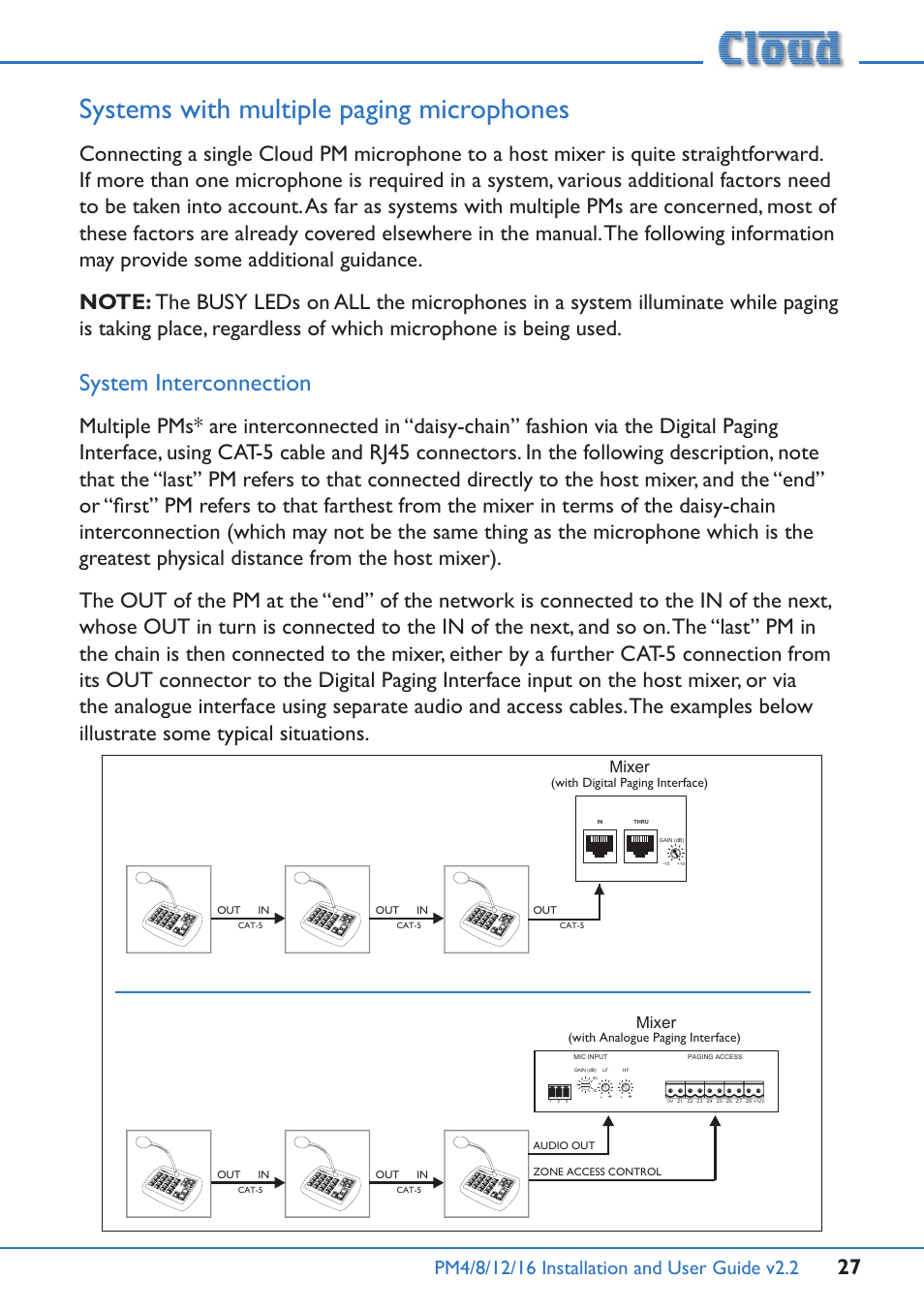 Systems with multiple paging microphones, System interconnection, Mixer | Cloud Electronics PM12 User Manual | Page 27 / 36
