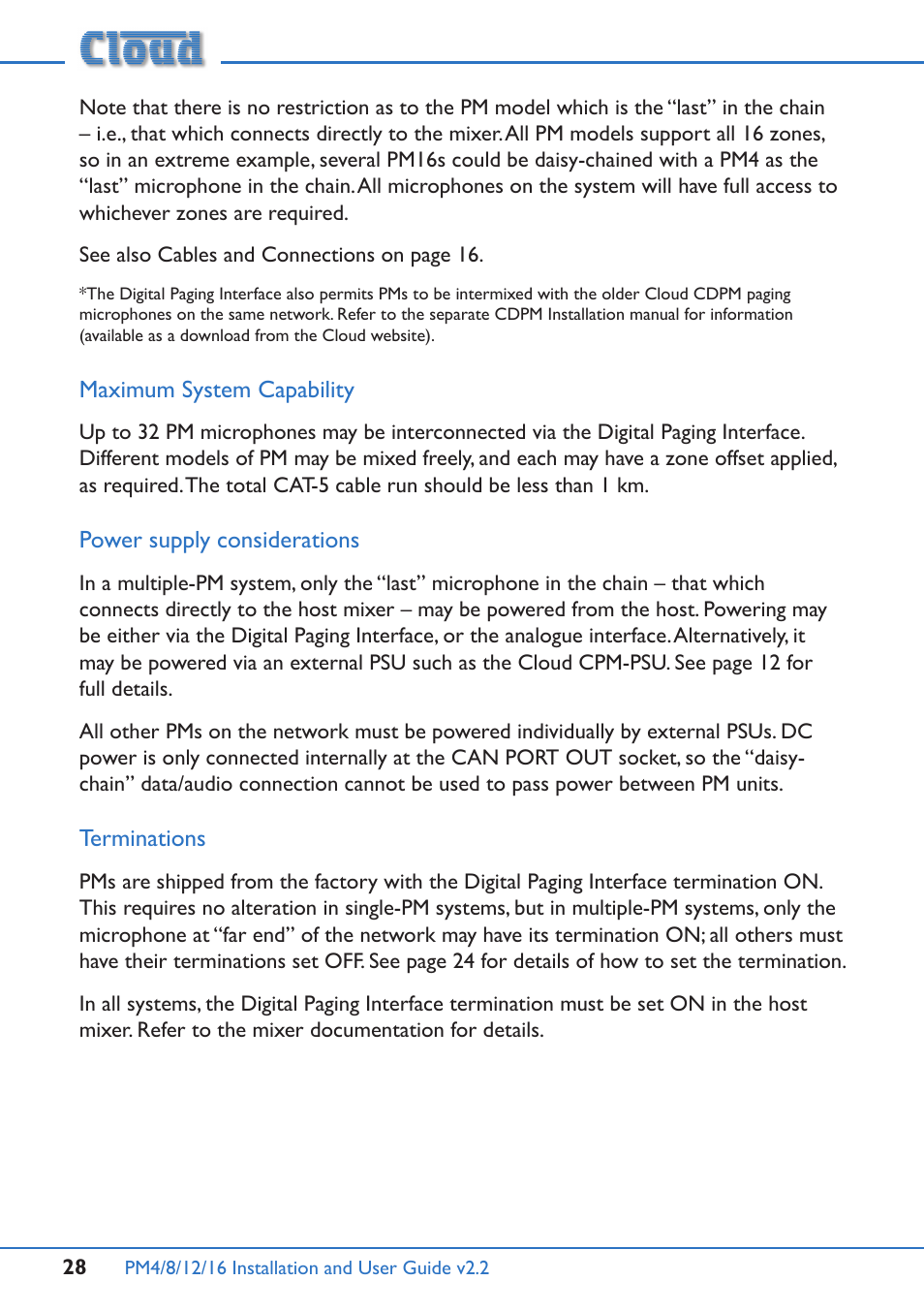 Maximum system capability, Power supply considerations terminations | Cloud Electronics PM12 User Manual | Page 28 / 36