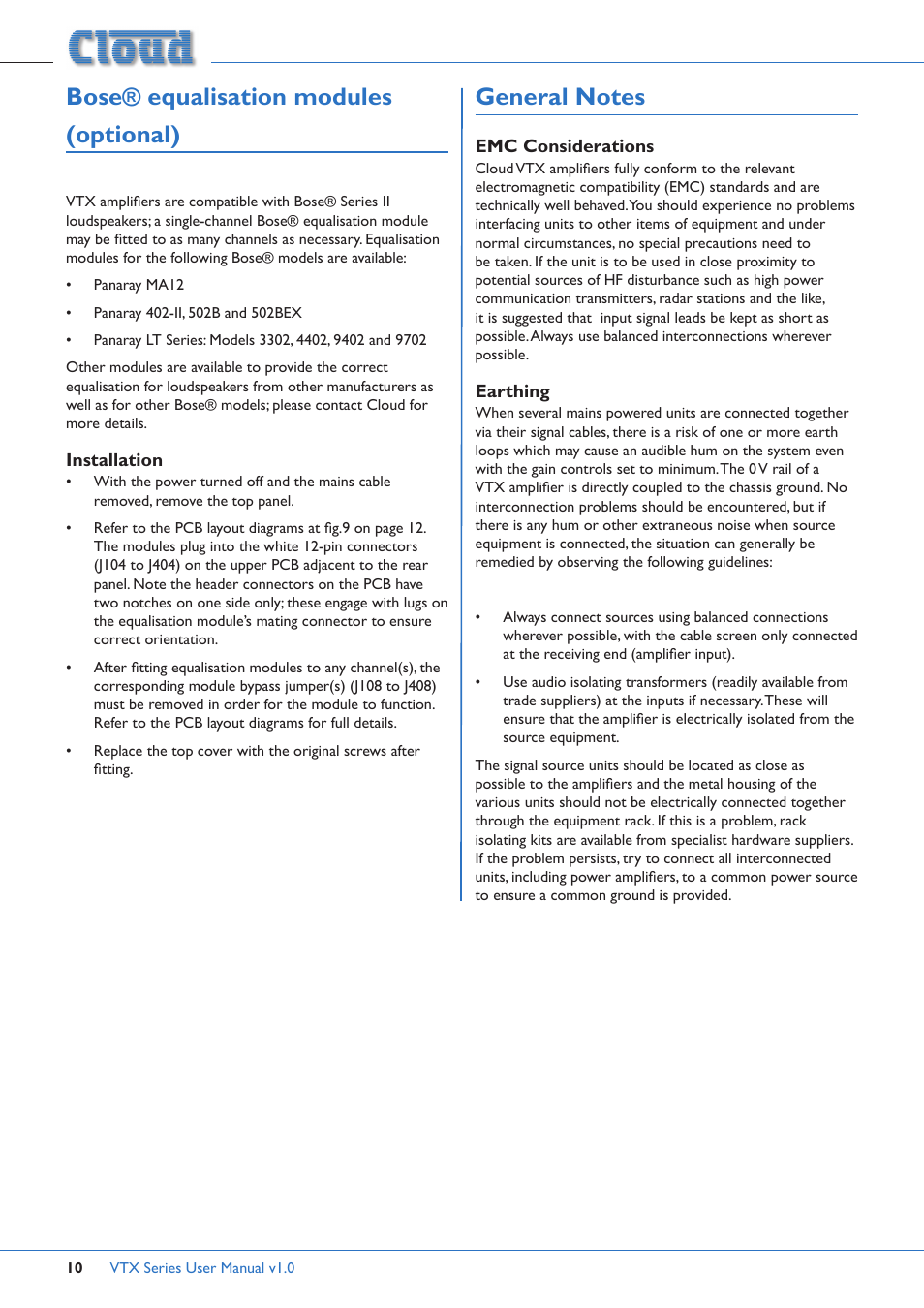 Bose® equalisation modules (optional), Installation, General notes | Emc considerations, Earthing, Bose® equalisation modules, Optional), Emc considerations earthing | Cloud Electronics VTX4400 User Manual | Page 10 / 16