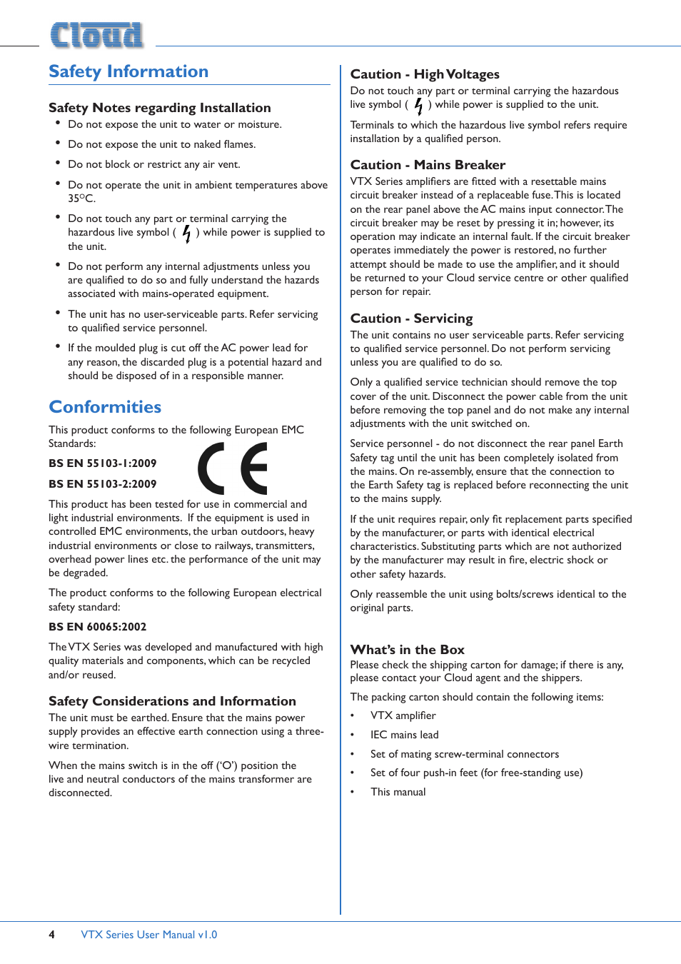 Safety information, Safety notes regarding installation, Safety considerations and information | Conformities | Cloud Electronics VTX4400 User Manual | Page 4 / 16