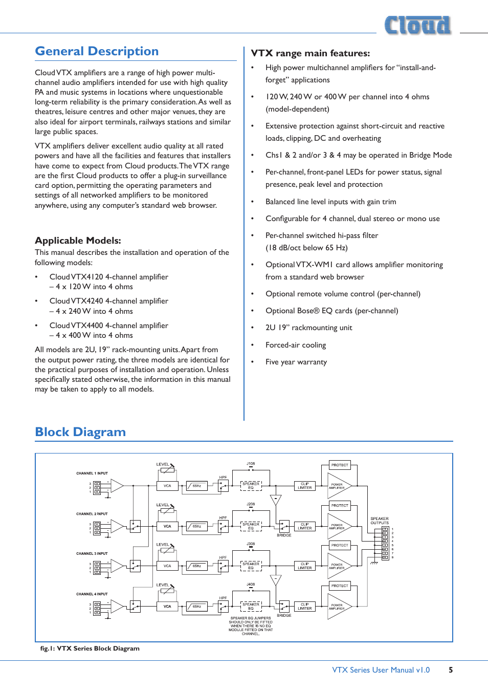 General description, Vtx range main features, Applicable models | Block diagram, Vtx range main features applicable models | Cloud Electronics VTX4400 User Manual | Page 5 / 16