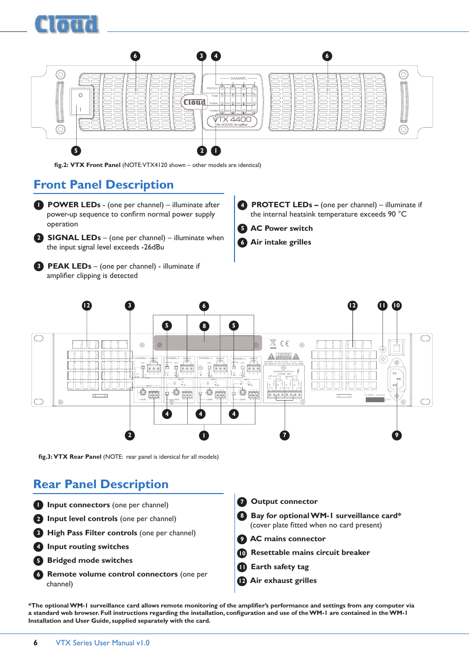 Front panel description, Rear panel description, Vtx series user manual v1.0 6 | Ac power switch, Air intake grilles, Input connectors (one per channel), Input level controls (one per channel), High pass filter controls (one per channel), Input routing switches, Bridged mode switches | Cloud Electronics VTX4400 User Manual | Page 6 / 16