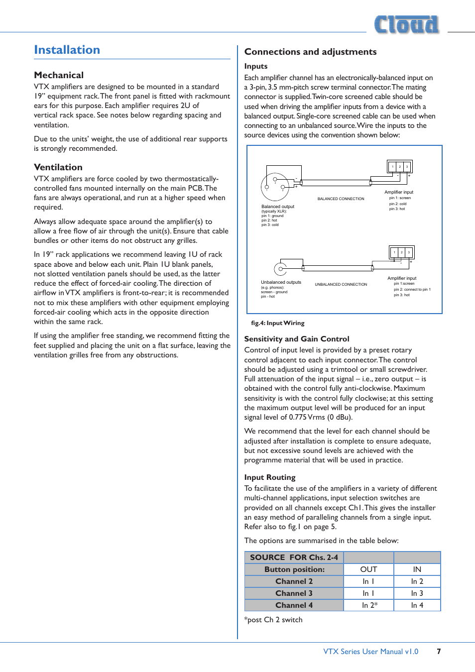 Installation, Mechanical, Ventilation | Connections and adjustments, Mechanical ventilation, Vtx series user manual v1.0 7 | Cloud Electronics VTX4400 User Manual | Page 7 / 16