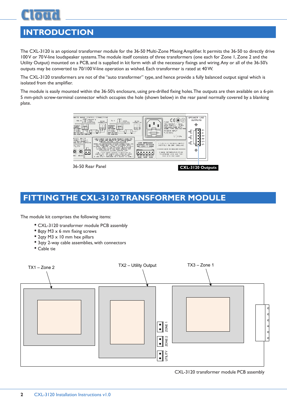 Introduction, Fitting the cxl-3120 transformer module | Cloud Electronics 36-50 - CXL-3120 User Manual | Page 2 / 7