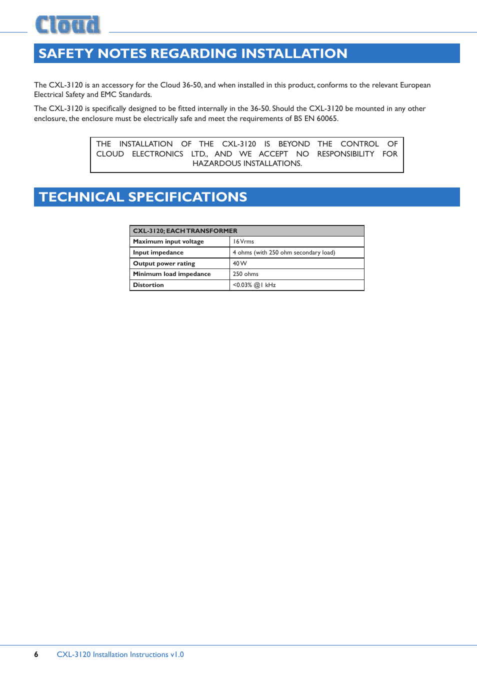 Technical specifications | Cloud Electronics 36-50 - CXL-3120 User Manual | Page 6 / 7