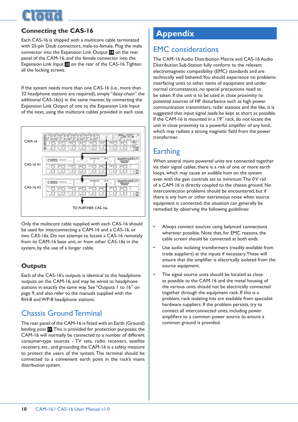 Connecting the cas-16 outputs, Chassis ground terminal, Appendix | Emc considerations earthing, Emc considerations, Earthing, Connecting the cas-16, Outputs | Cloud Electronics CAM16 User Manual | Page 10 / 12