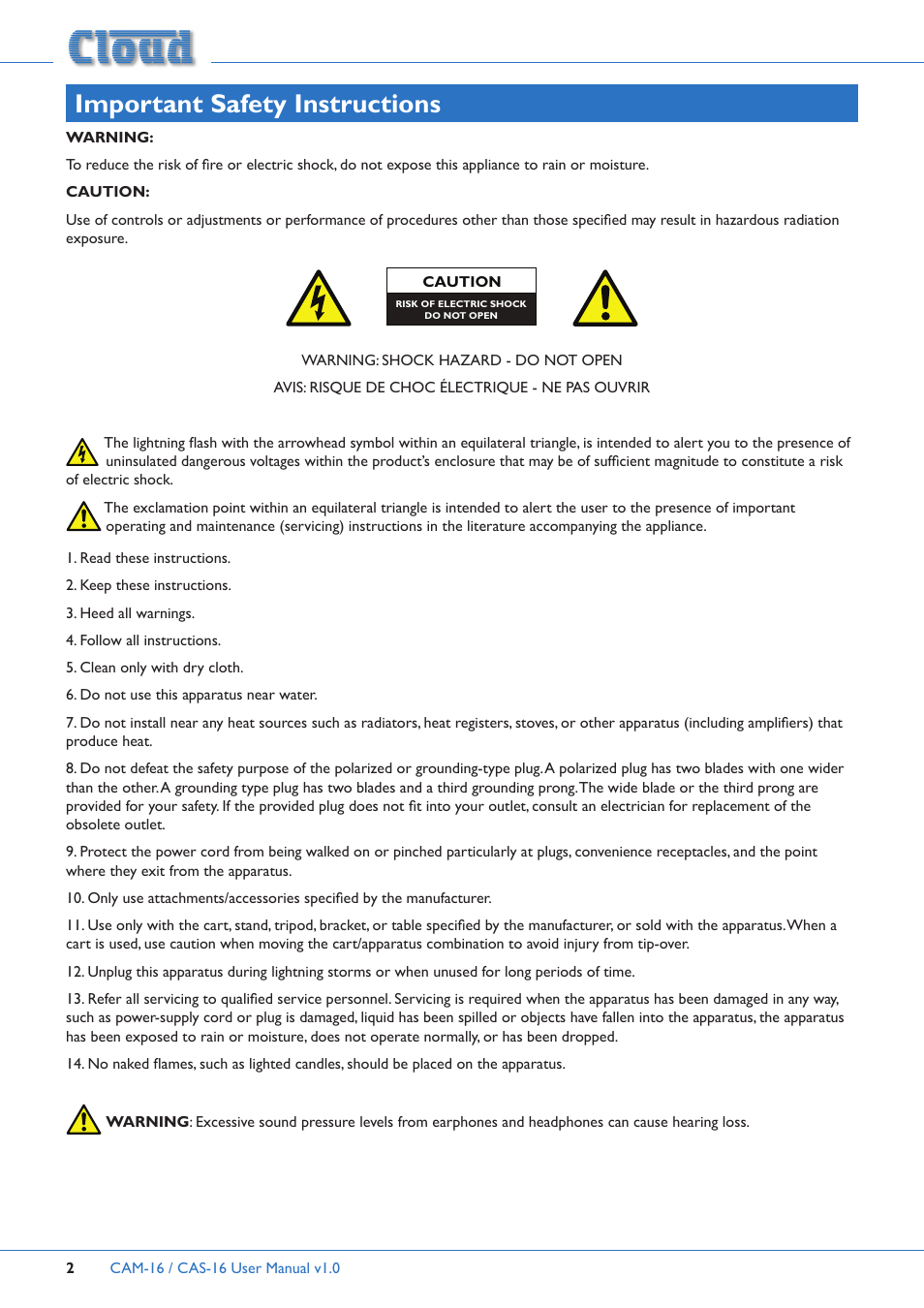 Important safety instructions | Cloud Electronics CAM16 User Manual | Page 2 / 12