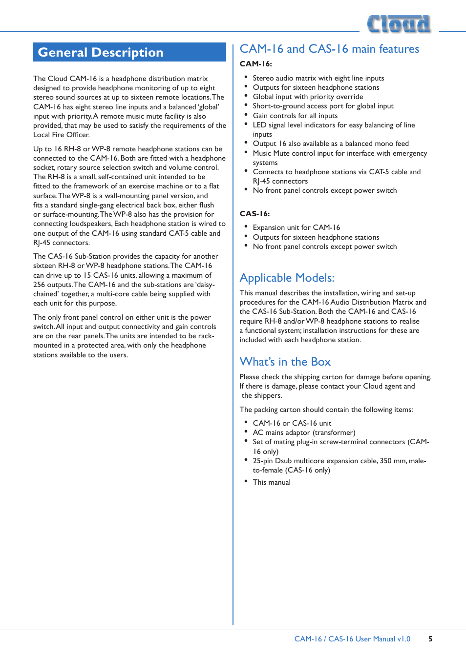 General description, Cam-16 and cas-16 main features, Applicable models: what’s in the box | Applicable models, What’s in the box | Cloud Electronics CAM16 User Manual | Page 5 / 12