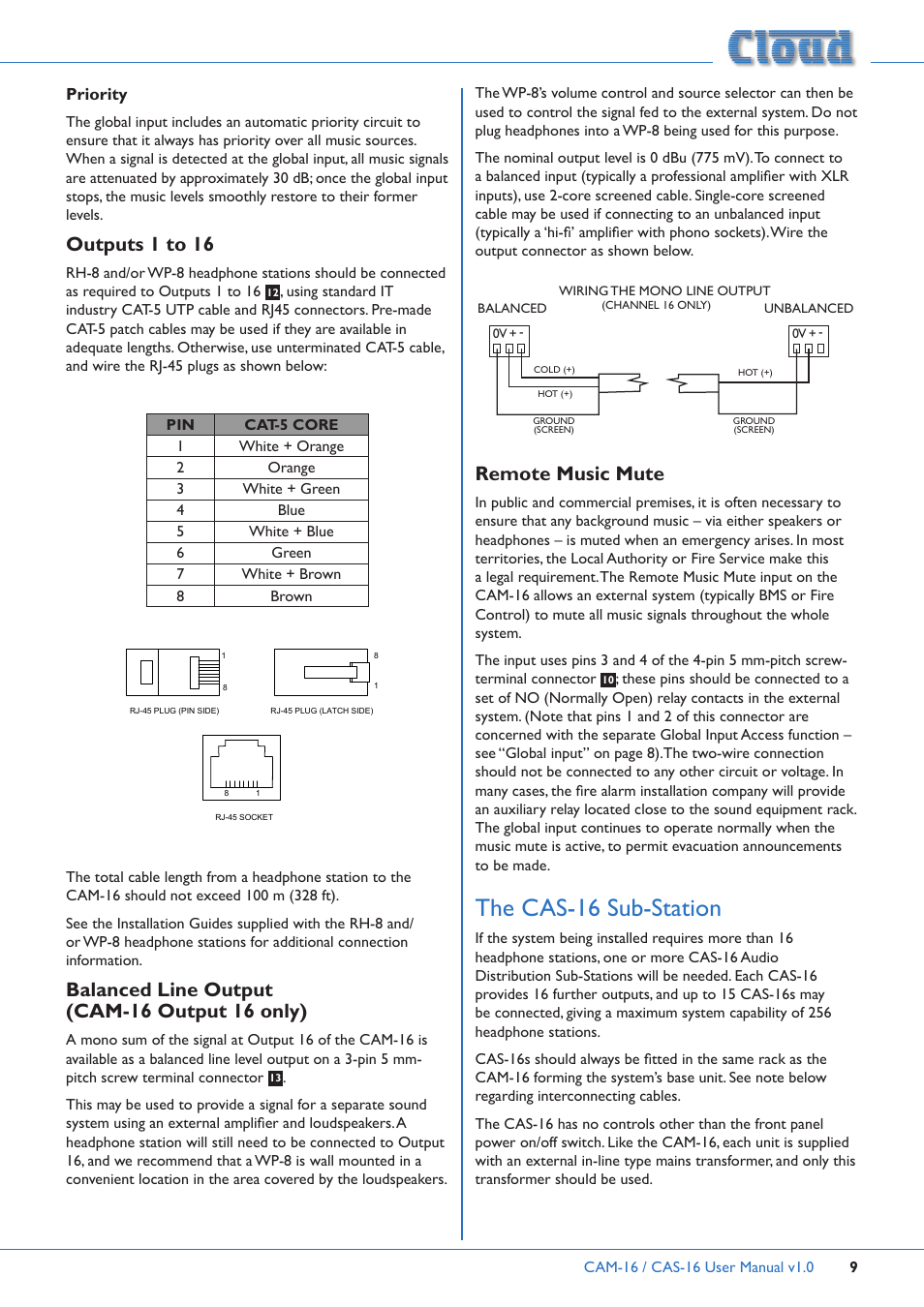 The cas-16 sub-station, Outputs 1 to 16, Balanced line output (cam-16 output 16 only) | Remote music mute | Cloud Electronics CAM16 User Manual | Page 9 / 12