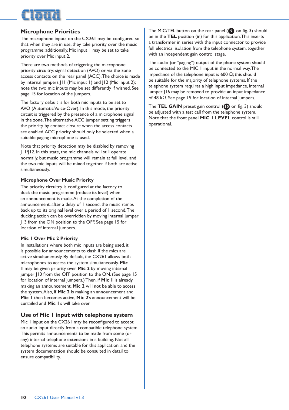 Microphone priorities, Use of mic 1 input with telephone system | Cloud Electronics CX261 User Manual | Page 10 / 20