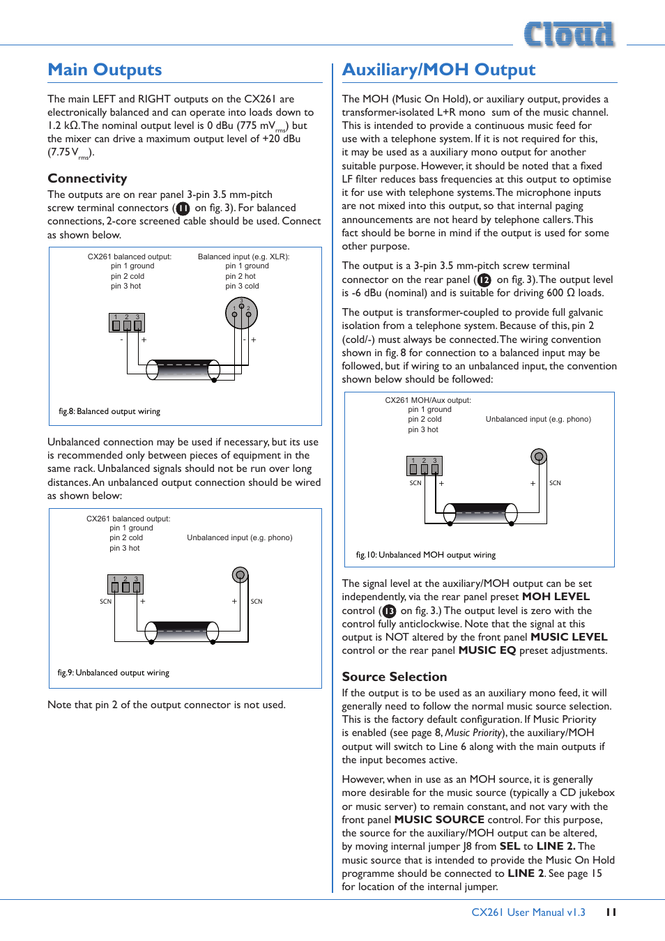 Main outputs, Connectivity, Auxiliary/moh output | Source selection | Cloud Electronics CX261 User Manual | Page 11 / 20