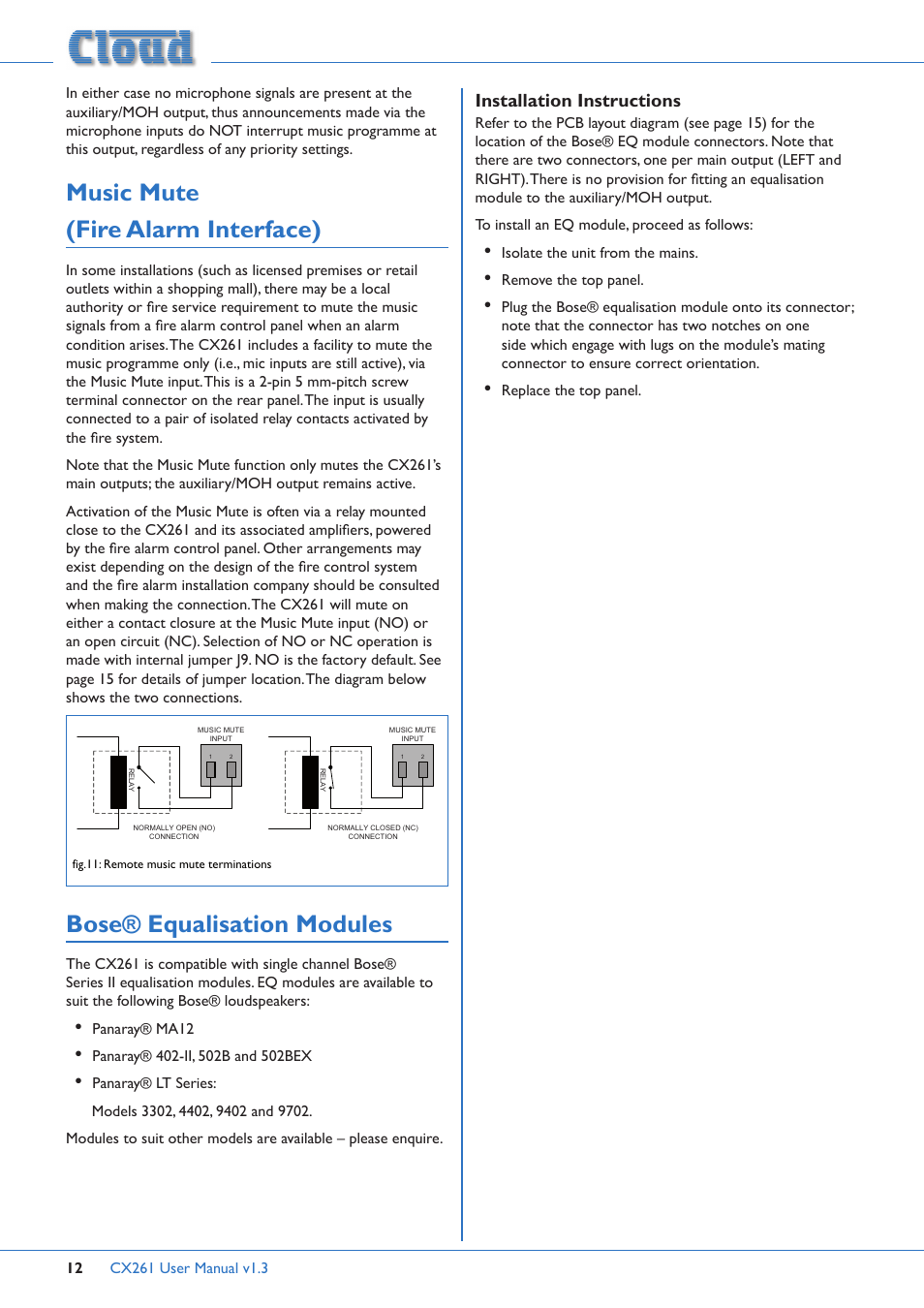 Music mute (fire alarm interface), Bose® equalisation modules, Installation instructions | Cloud Electronics CX261 User Manual | Page 12 / 20