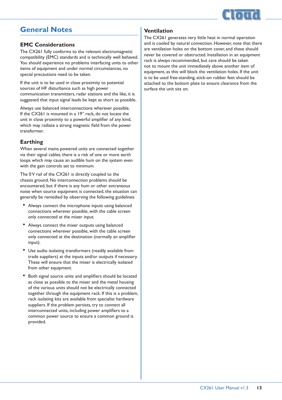 General notes, Emc considerations earthing, Ventilation | Cloud Electronics CX261 User Manual | Page 13 / 20