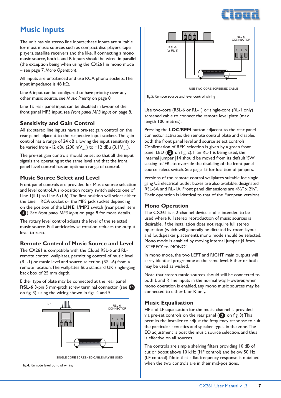Music inputs, Remote control of music source and level, Mono operation music equalisation | Sensitivity and gain control, Music source select and level, Mono operation, Music equalisation | Cloud Electronics CX261 User Manual | Page 7 / 20