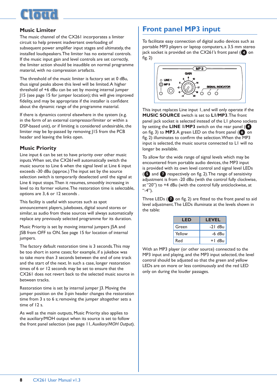 Music limiter music priority, Front panel mp3 input | Cloud Electronics CX261 User Manual | Page 8 / 20