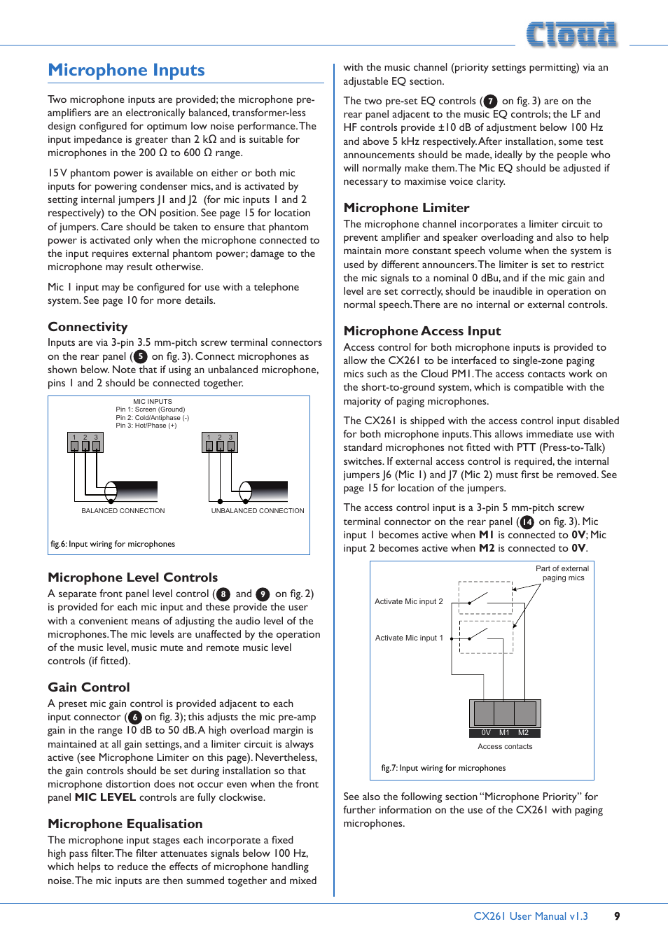 Microphone inputs, Connectivity, Microphone level controls | Gain control, Microphone equalisation, Microphone limiter, Microphone access input | Cloud Electronics CX261 User Manual | Page 9 / 20