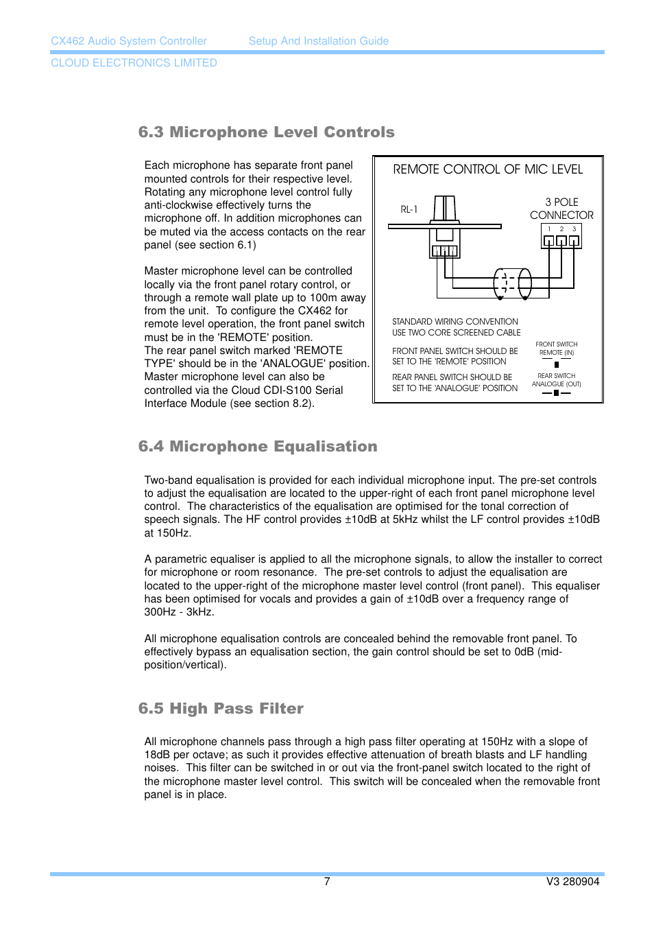 3 microphone level controls, 4 microphone equalisation, 5 high pass filter | Remote control of mic level | Cloud Electronics CX462 User Manual | Page 13 / 23
