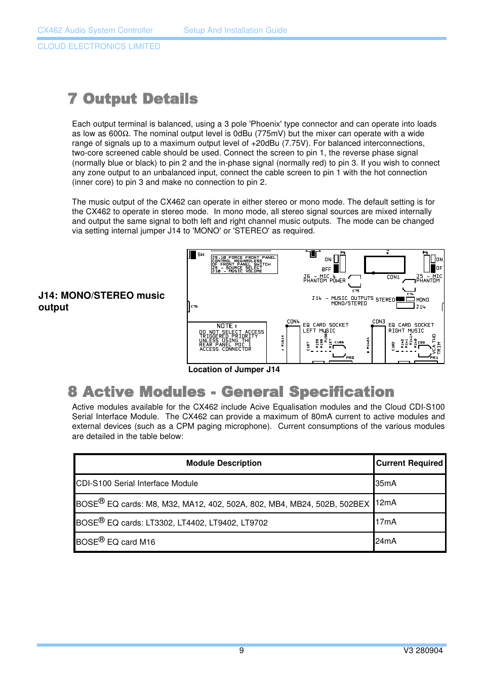 7 output details, 8 active modules - general specification | Cloud Electronics CX462 User Manual | Page 15 / 23