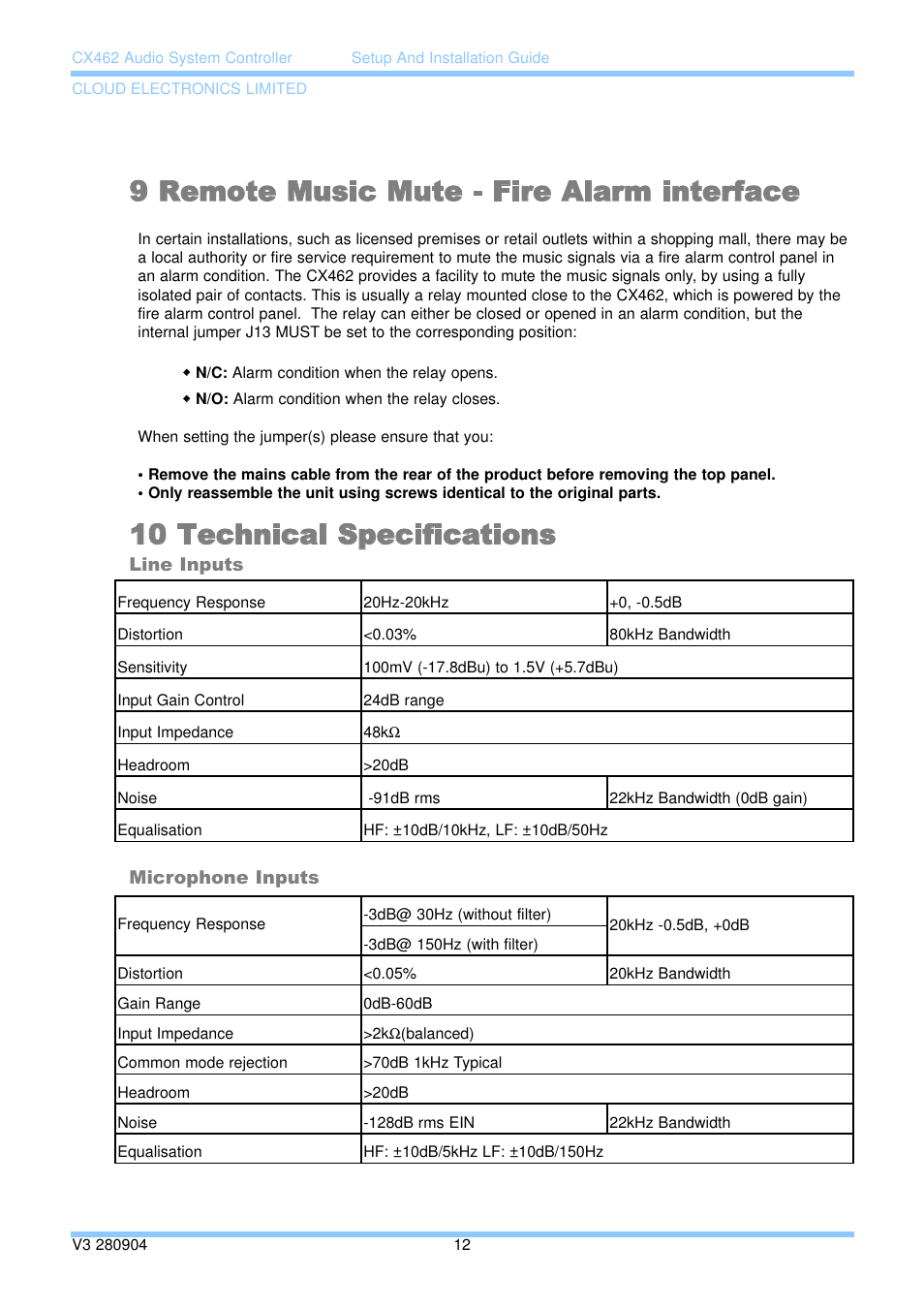 9 remote music mute - fire alarm interface, 10 technical specifications | Cloud Electronics CX462 User Manual | Page 18 / 23