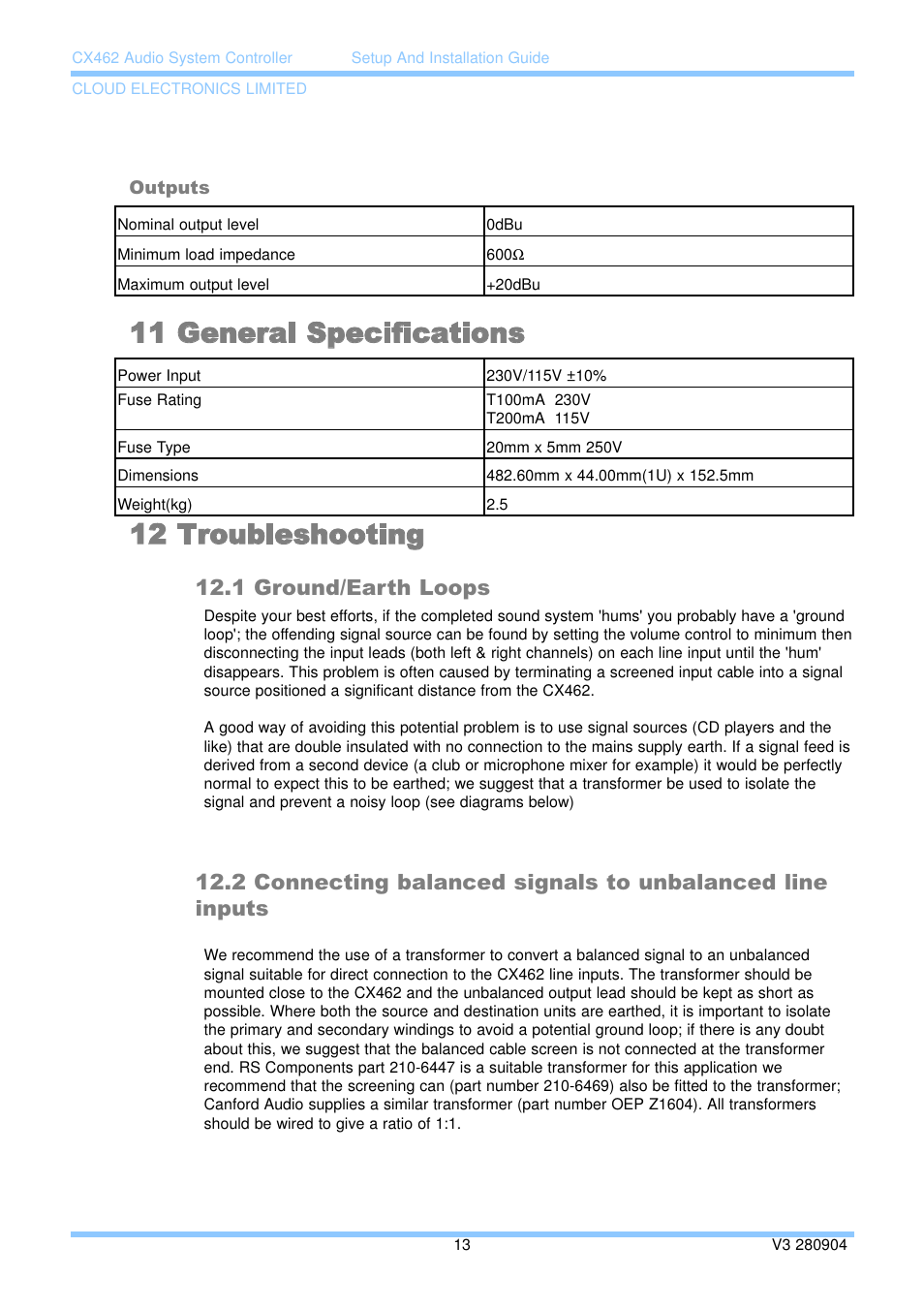 11 general specifications 12 troubleshooting, 1 ground/earth loops | Cloud Electronics CX462 User Manual | Page 19 / 23