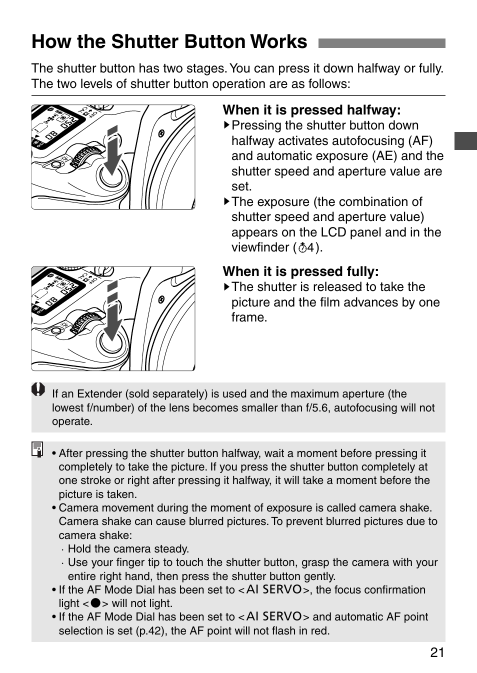 How the shutter button works | Canon EOS ELAN7NE-33V User Manual | Page 21 / 100