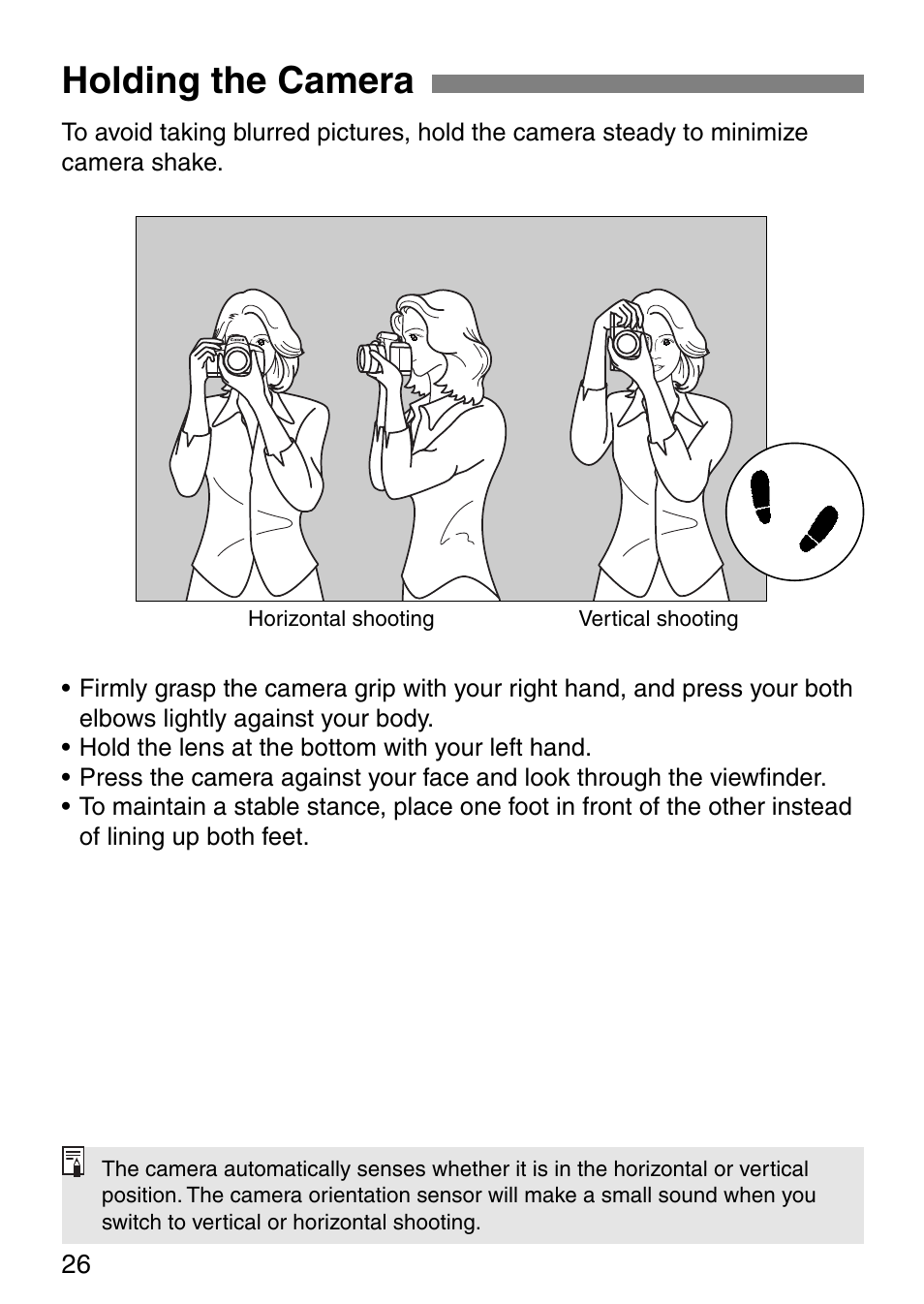 Holding the camera | Canon EOS ELAN7NE-33V User Manual | Page 26 / 100