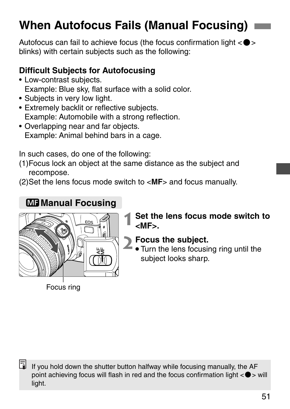 When autofocus fails (manual focusing) | Canon EOS ELAN7NE-33V User Manual | Page 51 / 100