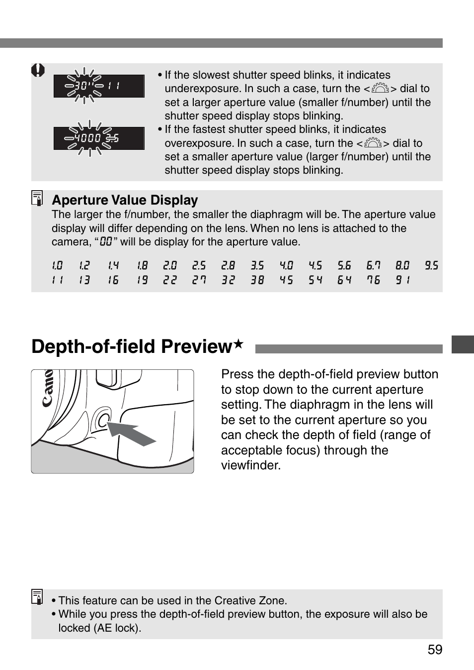 Depth-of-field preview | Canon EOS ELAN7NE-33V User Manual | Page 59 / 100