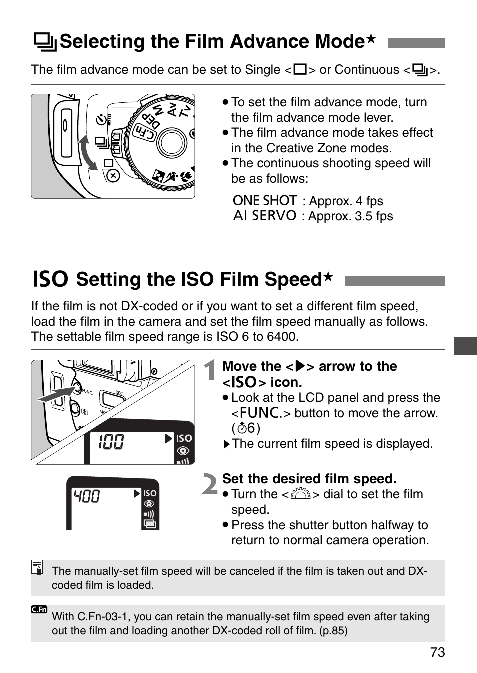 H selecting the film advance mode, D setting the iso film speed | Canon EOS ELAN7NE-33V User Manual | Page 73 / 100