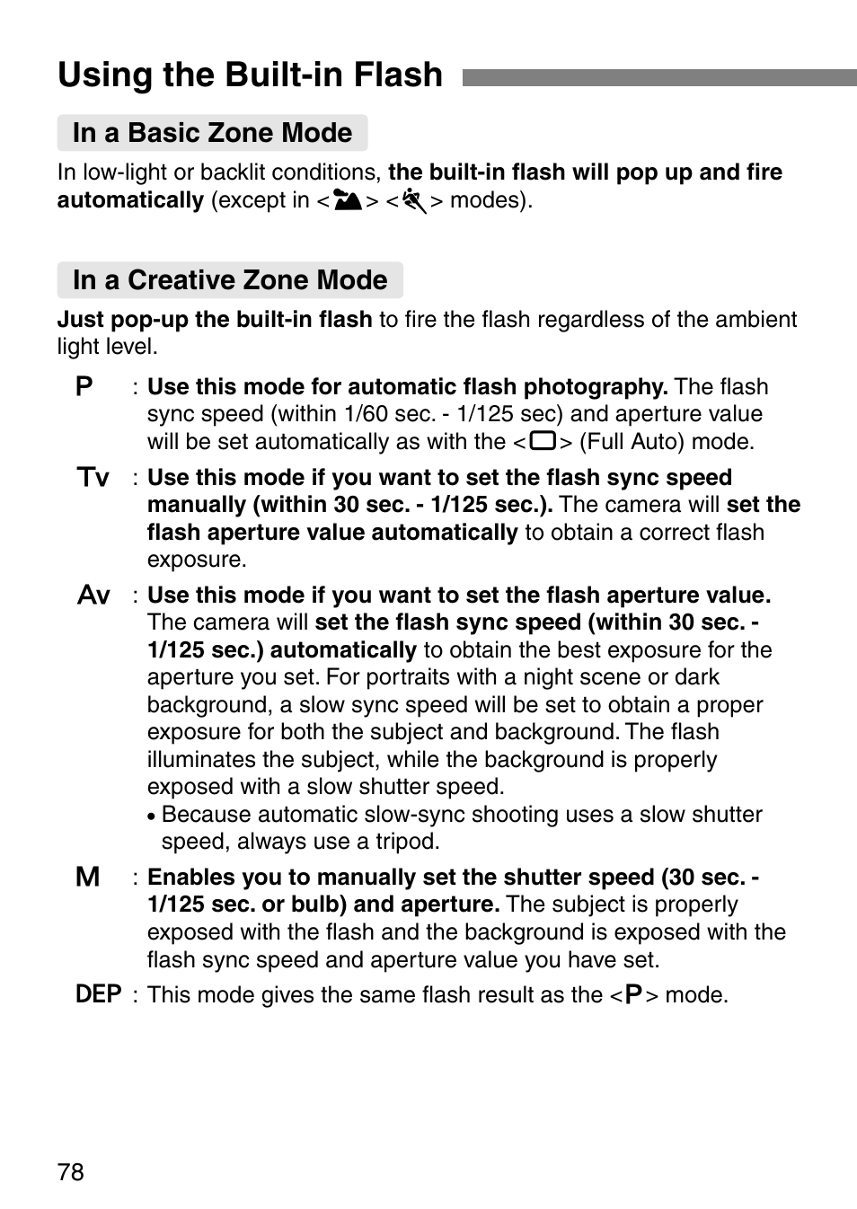 Using the built-in flash | Canon EOS ELAN7NE-33V User Manual | Page 78 / 100