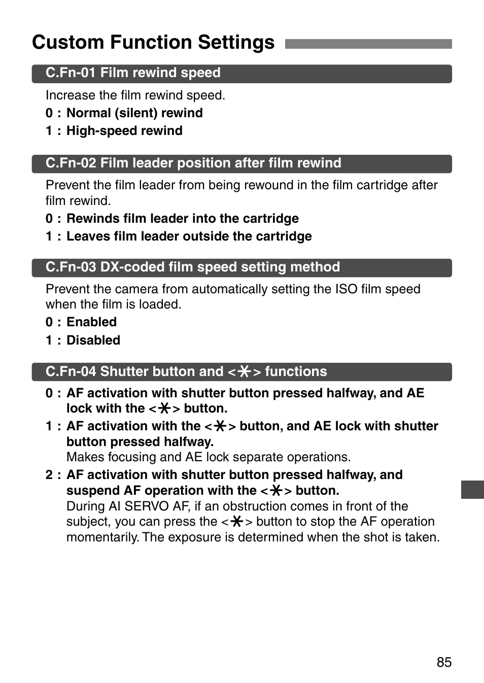 Custom function settings | Canon EOS ELAN7NE-33V User Manual | Page 85 / 100