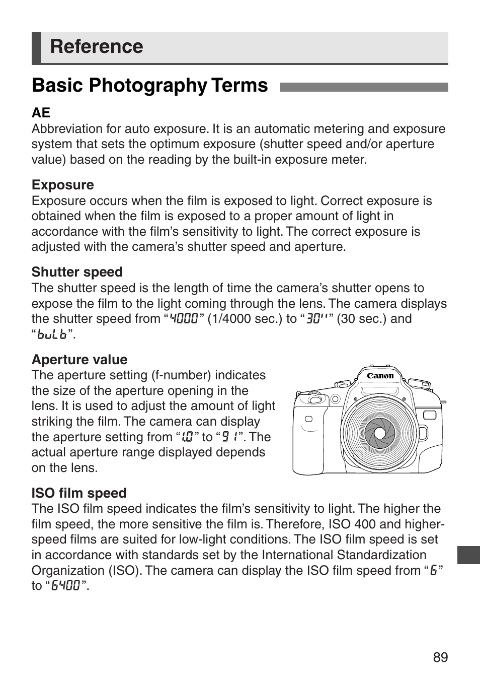 Reference basic photography terms | Canon EOS ELAN7NE-33V User Manual | Page 89 / 100