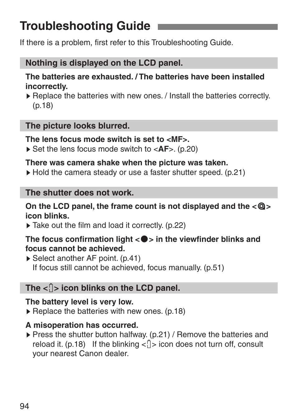 Troubleshooting guide | Canon EOS ELAN7NE-33V User Manual | Page 94 / 100