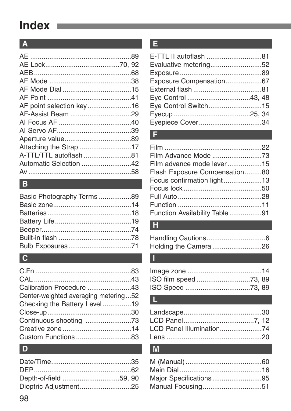 Index | Canon EOS ELAN7NE-33V User Manual | Page 98 / 100