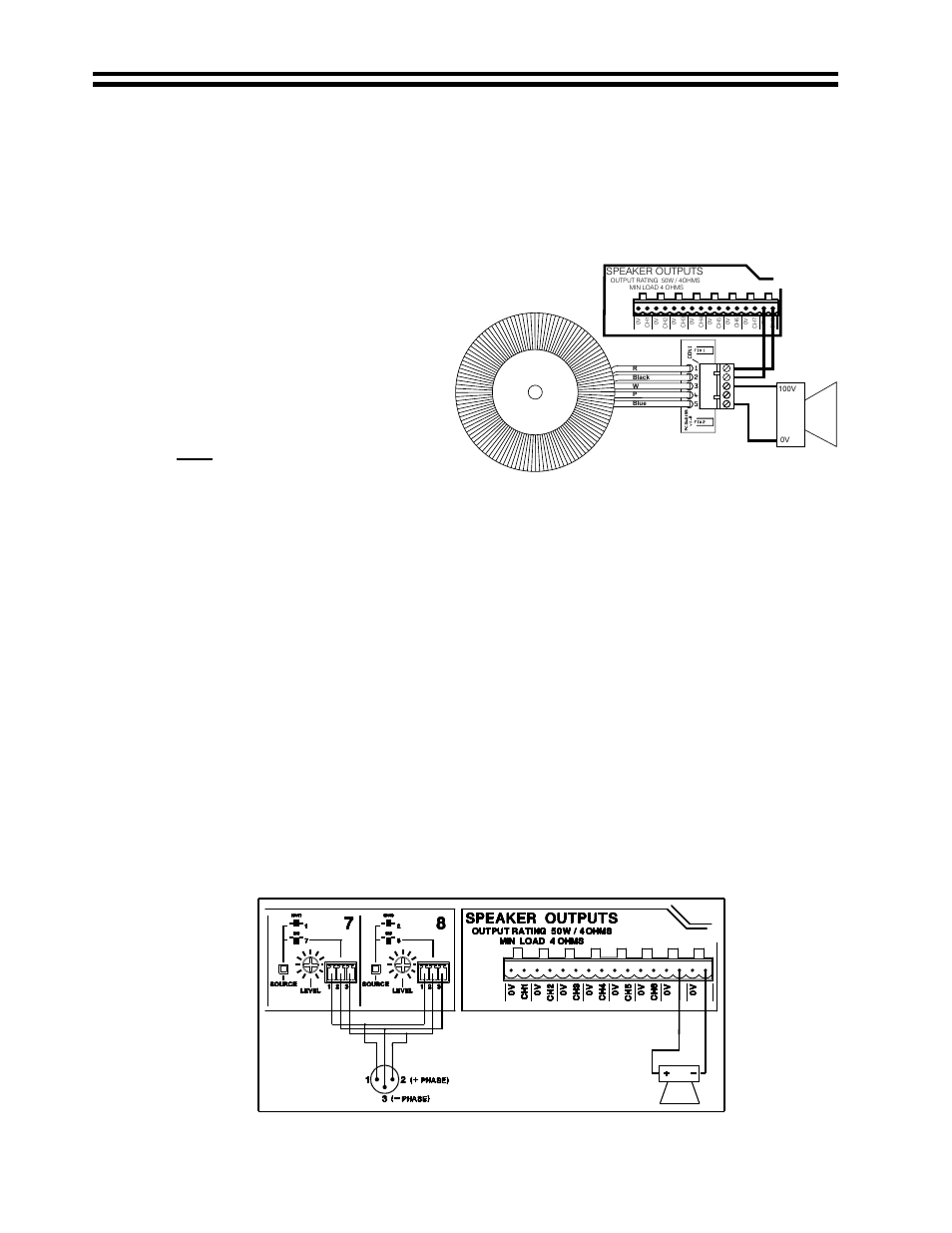 6output details, 7100v line operation, 8bridged mode operation | Cxl-40t wired to channel 8, Wiring channels 7 and 8 in bridged mode, 4cx-a850: installation and operation manual, Fig 5, Fig 4 | Cloud Electronics CXA850 User Manual | Page 6 / 11