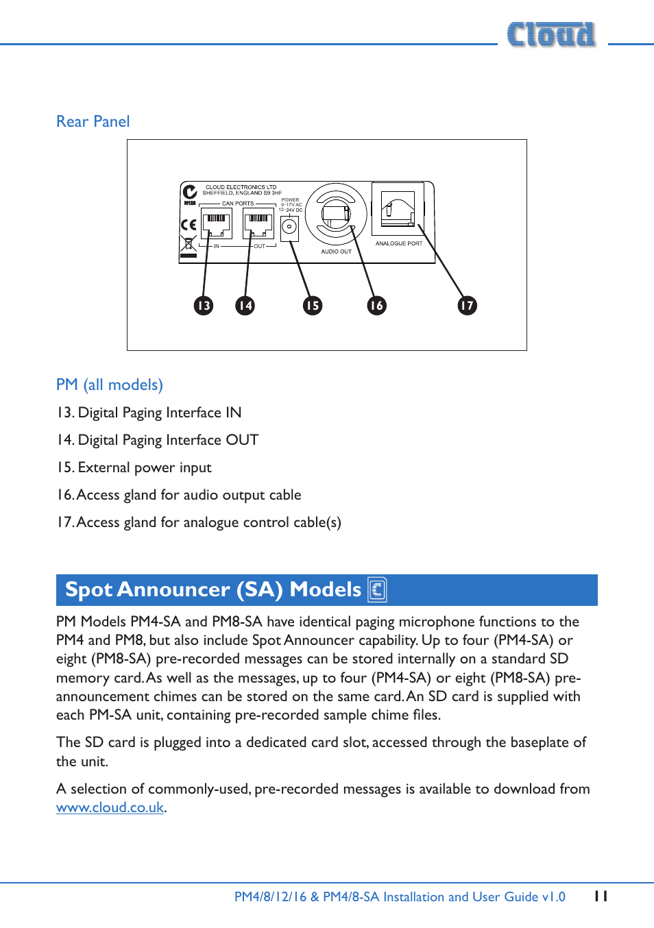 Rear panel, Pm (all models), Spot announcer (sa) models | Rear panel pm (all models) | Cloud Electronics PM16 User Manual | Page 11 / 56