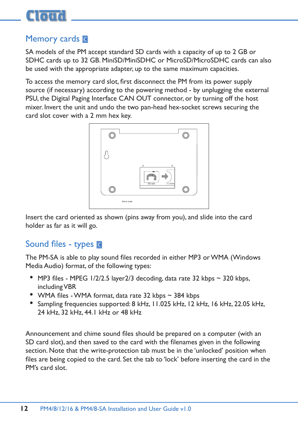 Memory cards, Sound files - types, Memory cards sound files - types | Cloud Electronics PM16 User Manual | Page 12 / 56