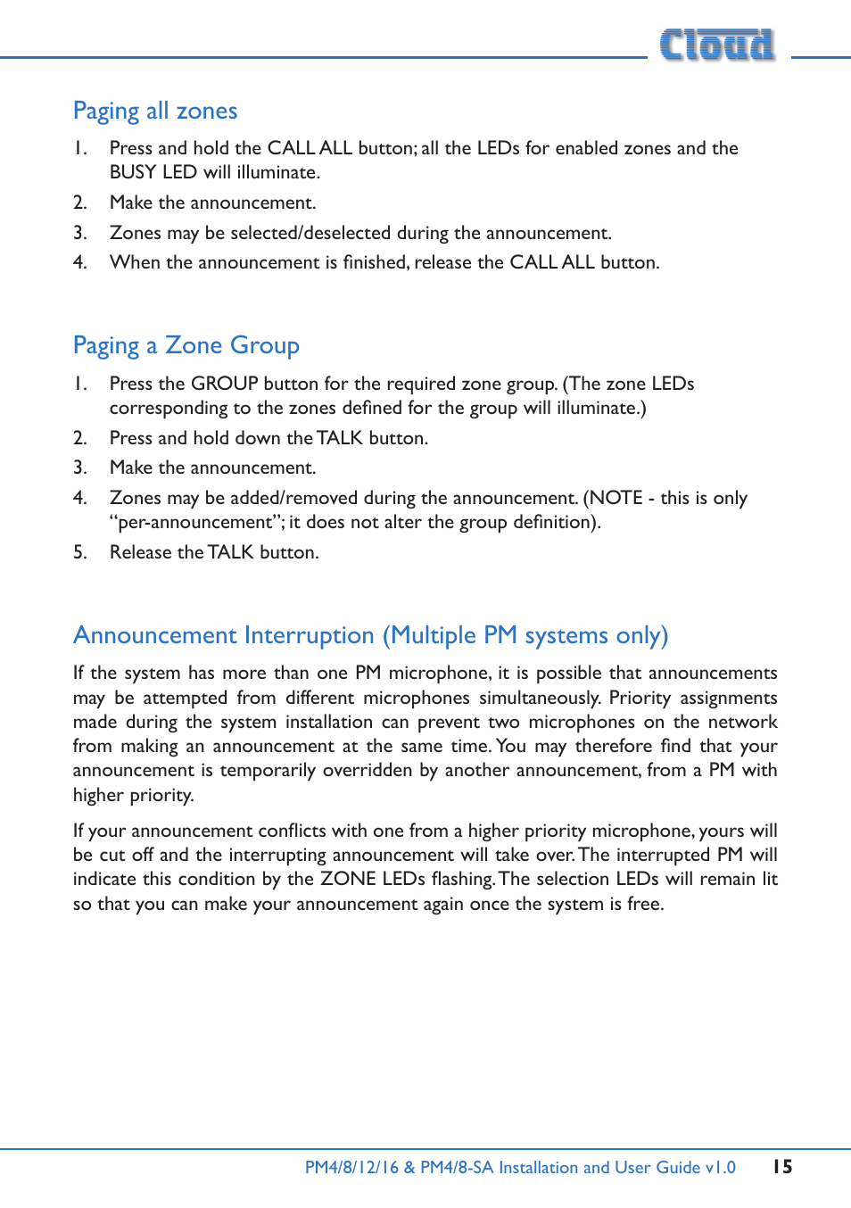 Paging all zones, Paging a zone group | Cloud Electronics PM16 User Manual | Page 15 / 56