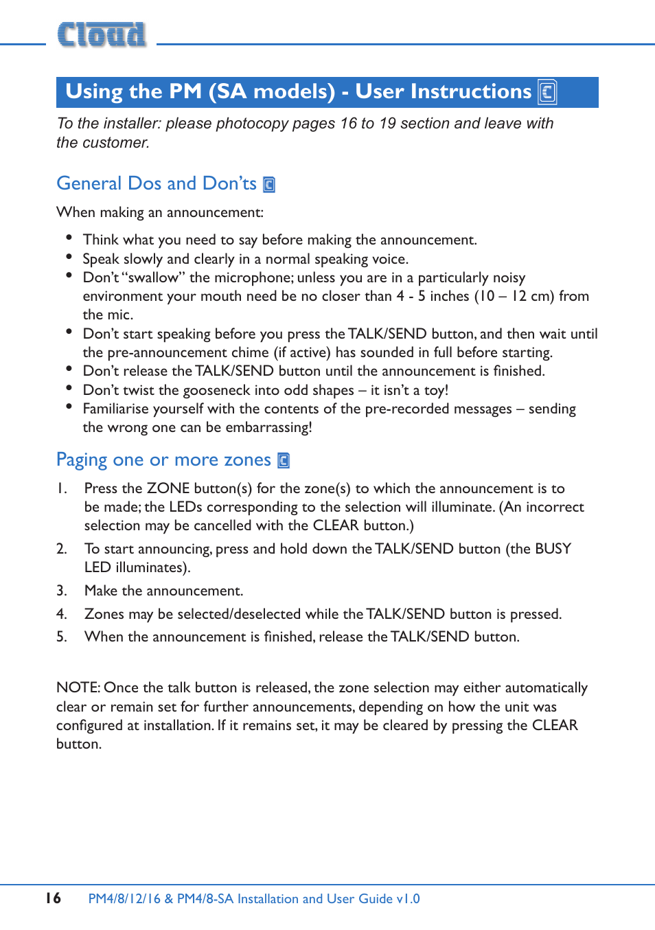 Using the pm (sa models) - user instructions, General dos and don’ts, Paging one or more zones | General dos and don’ts paging one or more zones | Cloud Electronics PM16 User Manual | Page 16 / 56