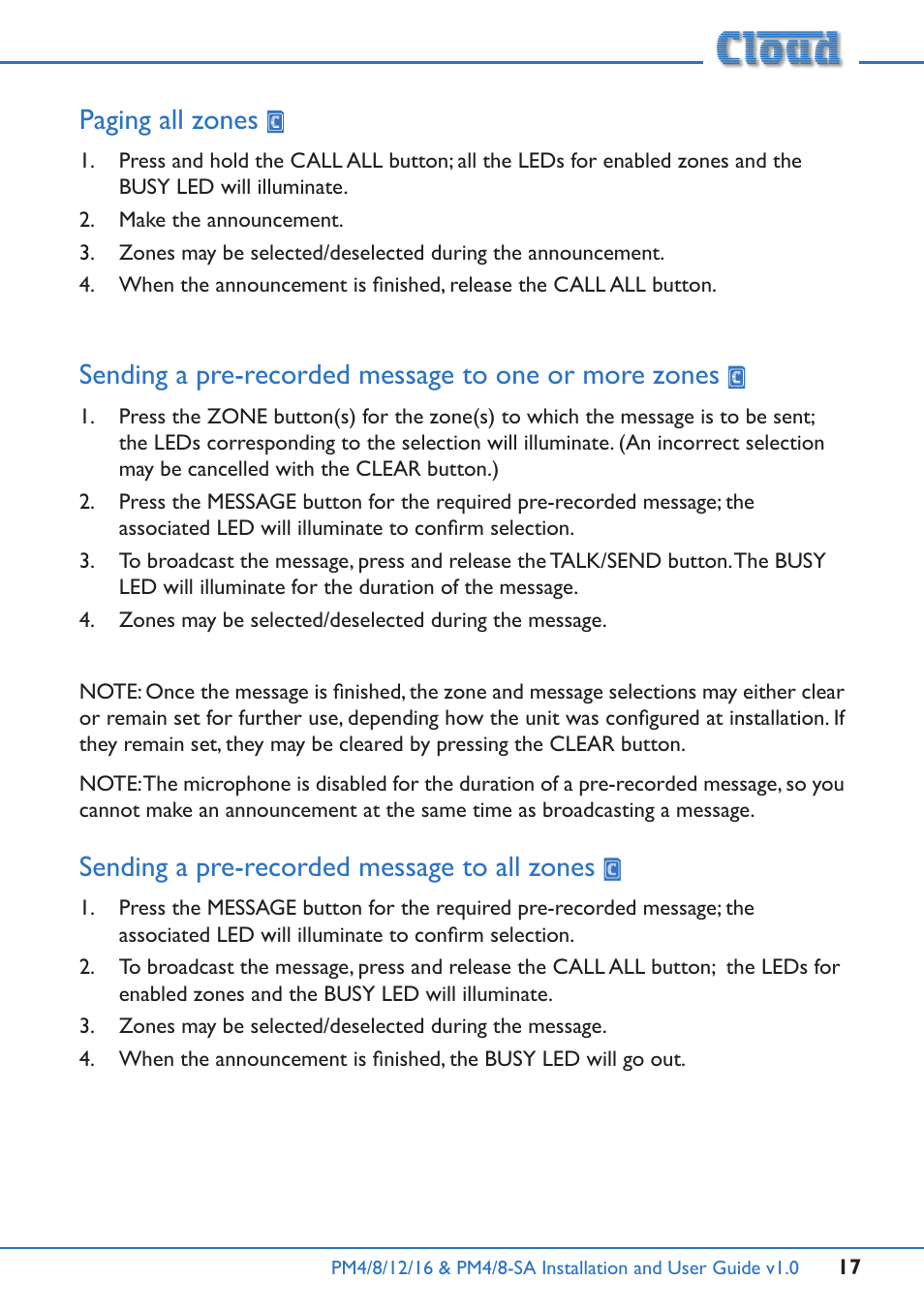 Paging all zones, Sending a pre-recorded message to all zones | Cloud Electronics PM16 User Manual | Page 17 / 56