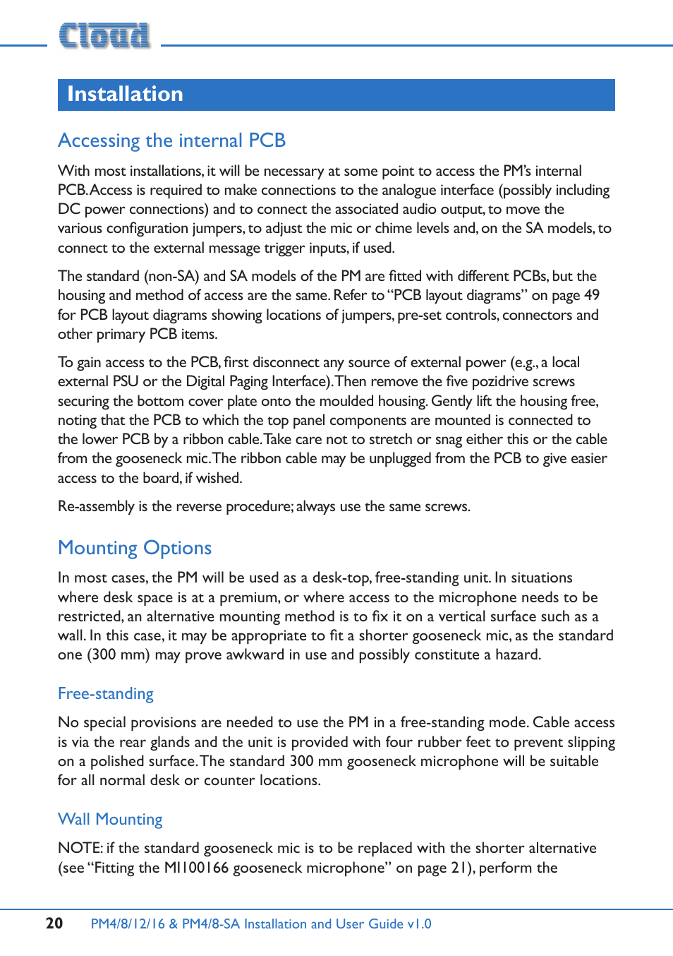 Installation, Accessing the internal pcb, Mounting options | Free-standing, Wall mounting, Free-standing wall mounting | Cloud Electronics PM16 User Manual | Page 20 / 56