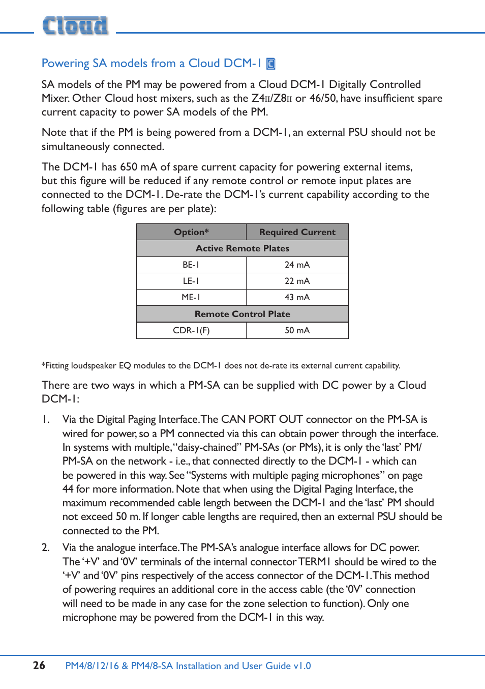 Powering sa models from a cloud dcm-1 | Cloud Electronics PM16 User Manual | Page 26 / 56