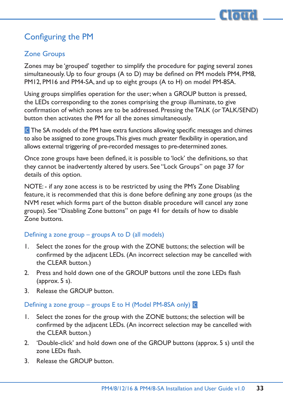 Configuring the pm, Zone groups | Cloud Electronics PM16 User Manual | Page 33 / 56