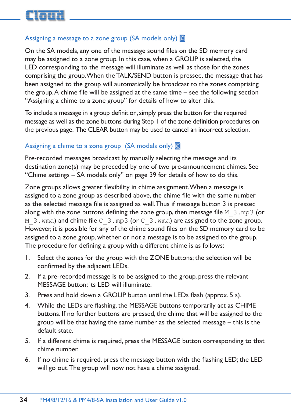 Assigning a chime to a zone group (sa models only) | Cloud Electronics PM16 User Manual | Page 34 / 56